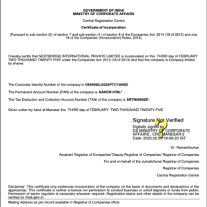 Certificate of incorporation